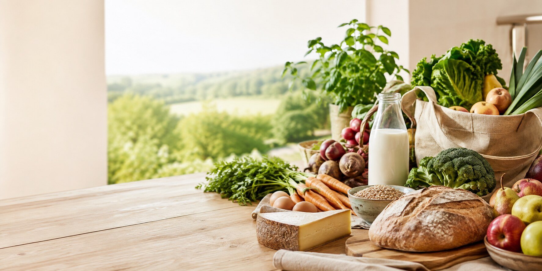 Frische Bio-Lebensmittel mit Obst, Gemüse, Brot, Käse und Milch