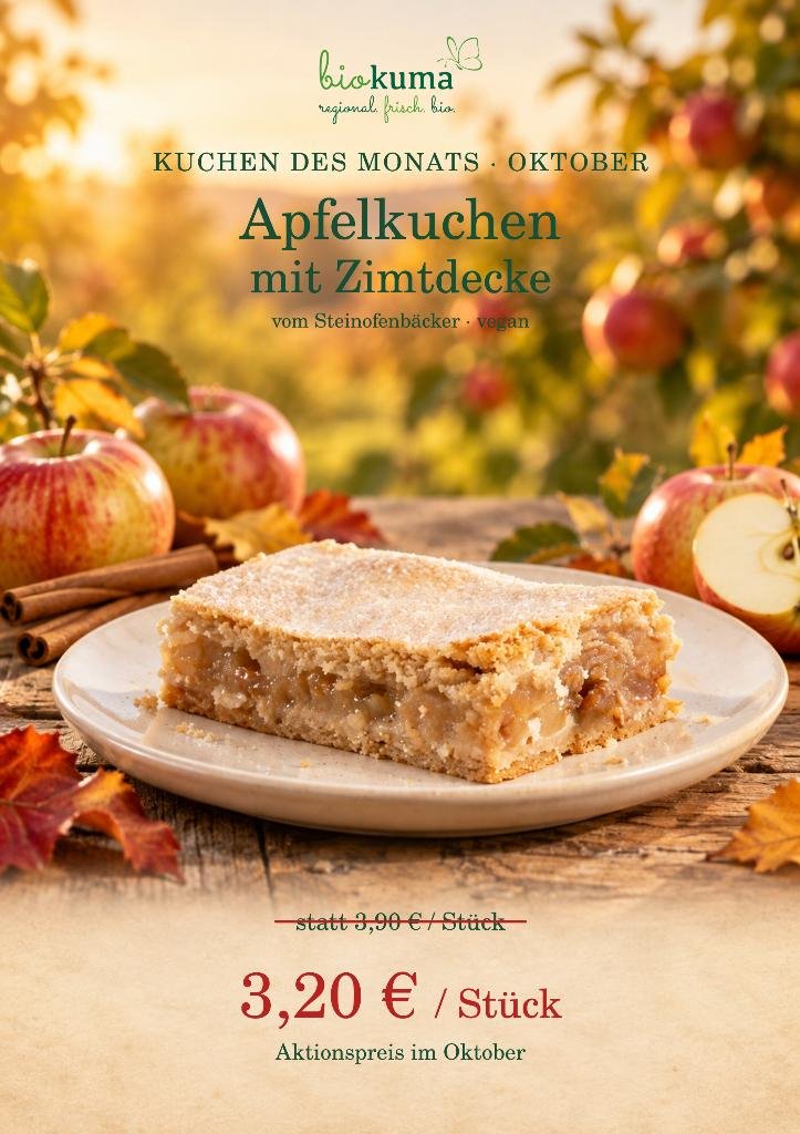 Kuchen des Monats: Apfelkuchen mit Zimtdecke – Oktober-Angebotsplakat