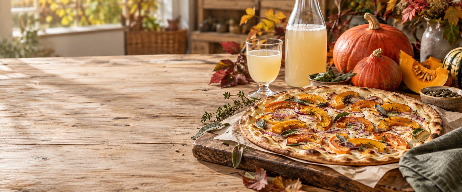 Herbstlicher Kürbis-Flammkuchen mit Federweißem und verschiedenen Kürbissen