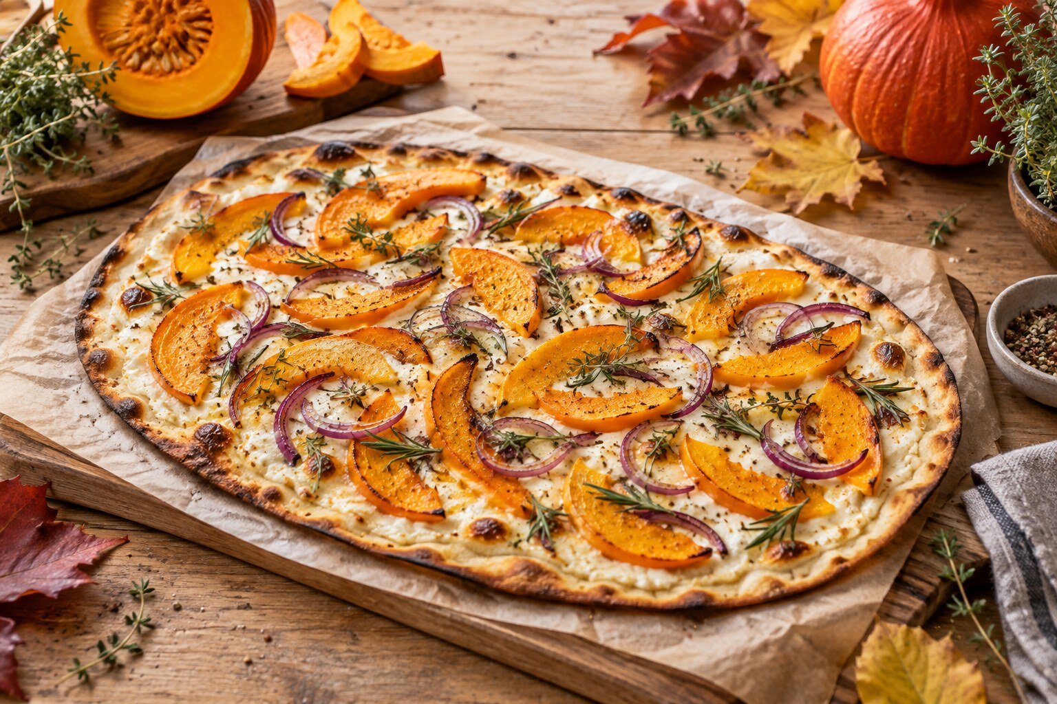 Knuspriger Kürbis-Flammkuchen mit roten Zwiebeln und frischen Kräutern