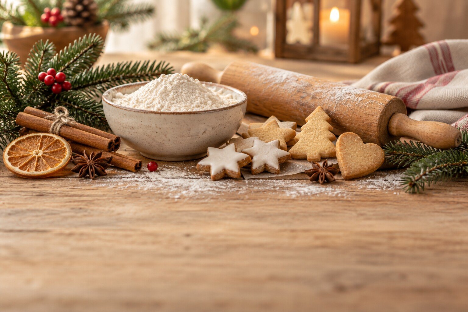 Zutaten und Gebäck für die Weihnachtsbäckerei